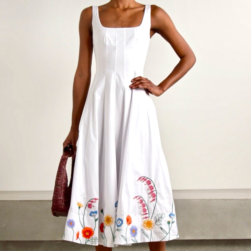 🌺🎉HP🎉🌺 NWT Staud Wells Embroidered Midi Dress White Seed Shop - Picture 3 of 16